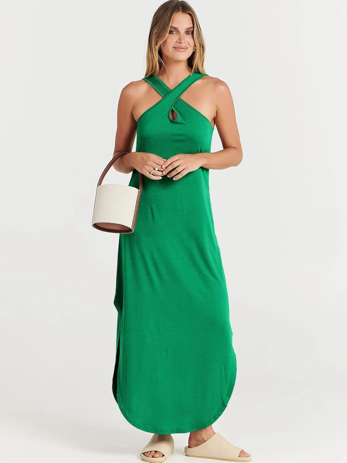 ANRABESS Women’s Casual Summer Maxi Dress Sexy Slit Side Sleeveless Loose Beach Long Sundress Vacation Outfits with Pockets