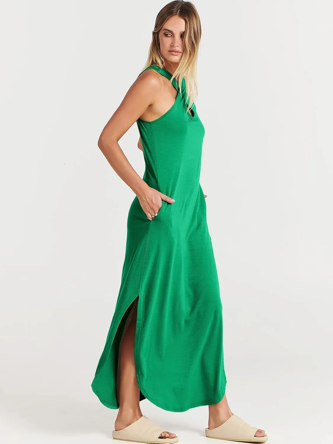 ANRABESS Women’s Casual Summer Maxi Dress Sexy Slit Side Sleeveless Loose Beach Long Sundress Vacation Outfits with Pockets
