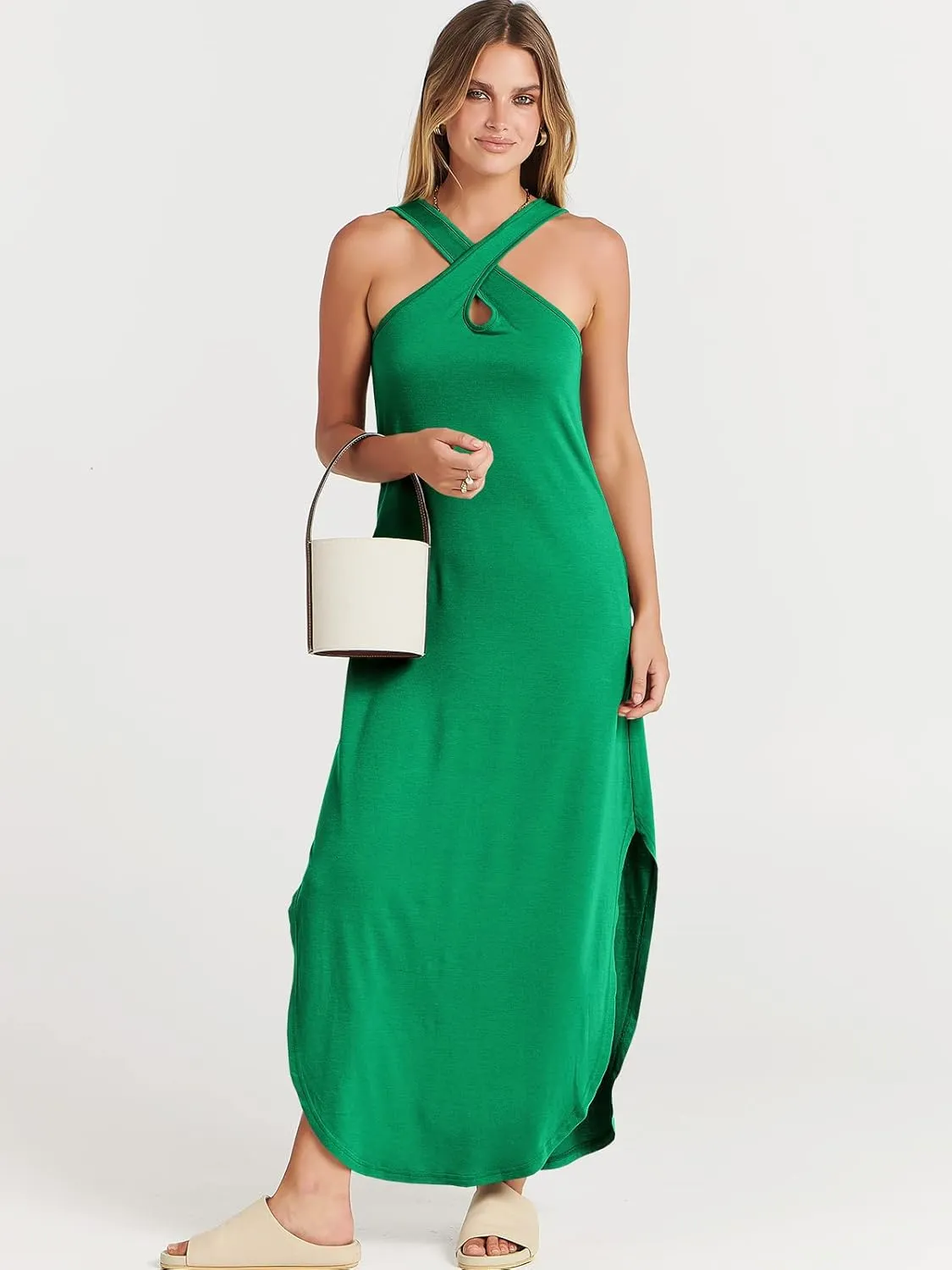 ANRABESS Women’s Casual Summer Maxi Dress Sexy Slit Side Sleeveless Loose Beach Long Sundress Vacation Outfits with Pockets