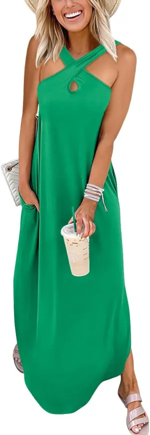 ANRABESS Women’s Casual Summer Maxi Dress Sexy Slit Side Sleeveless Loose Beach Long Sundress Vacation Outfits with Pockets