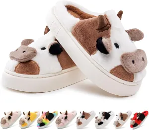 Cow Slippers for Women,Cartoon Animal Fuzzy Slippers,Winter Warm Women's House Slippers,Anti-Slip Indoor Outdoor for Man Wrap Heel