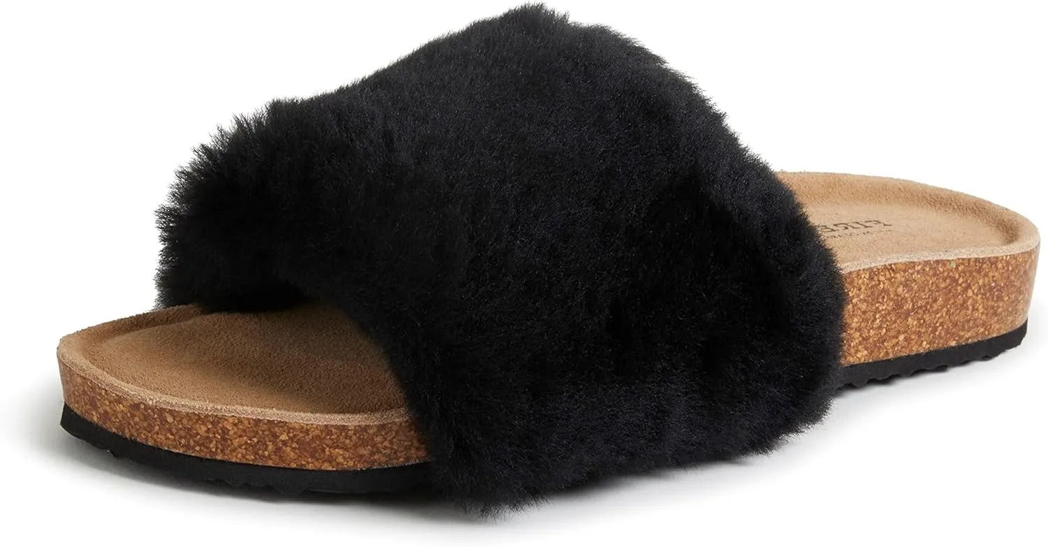 Dearfoams Women's Fireside Canberra Genuine Shearling Cork Footbed Easy On/Off Slide