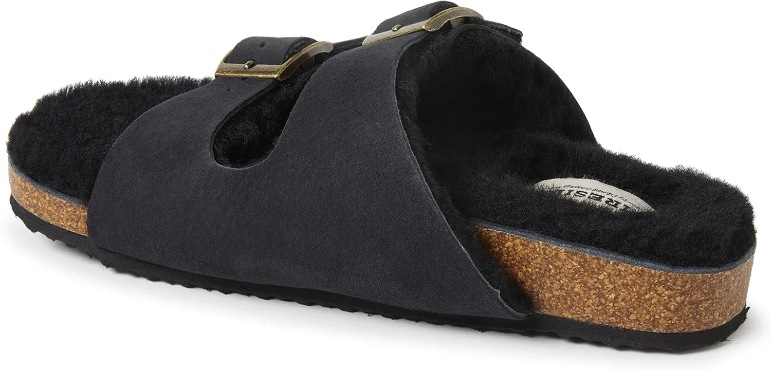 Dearfoams Women's Fireside Tamworth Shearling Slide Sandal with Cork Footbed and Adjustable Buckles