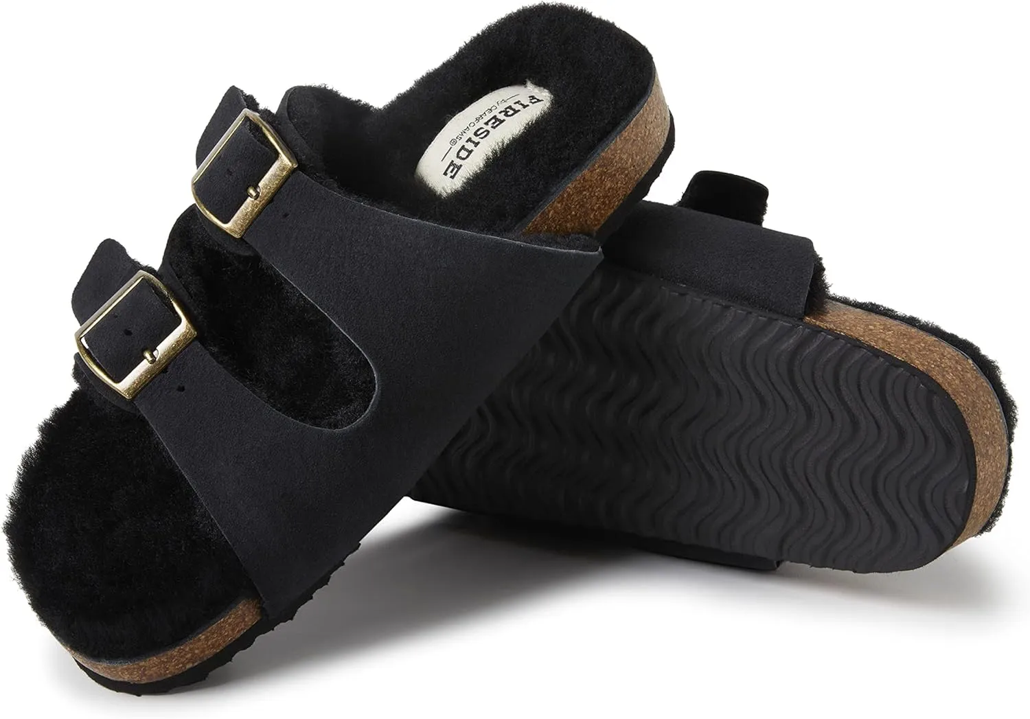 Dearfoams Women's Fireside Tamworth Shearling Slide Sandal with Cork Footbed and Adjustable Buckles
