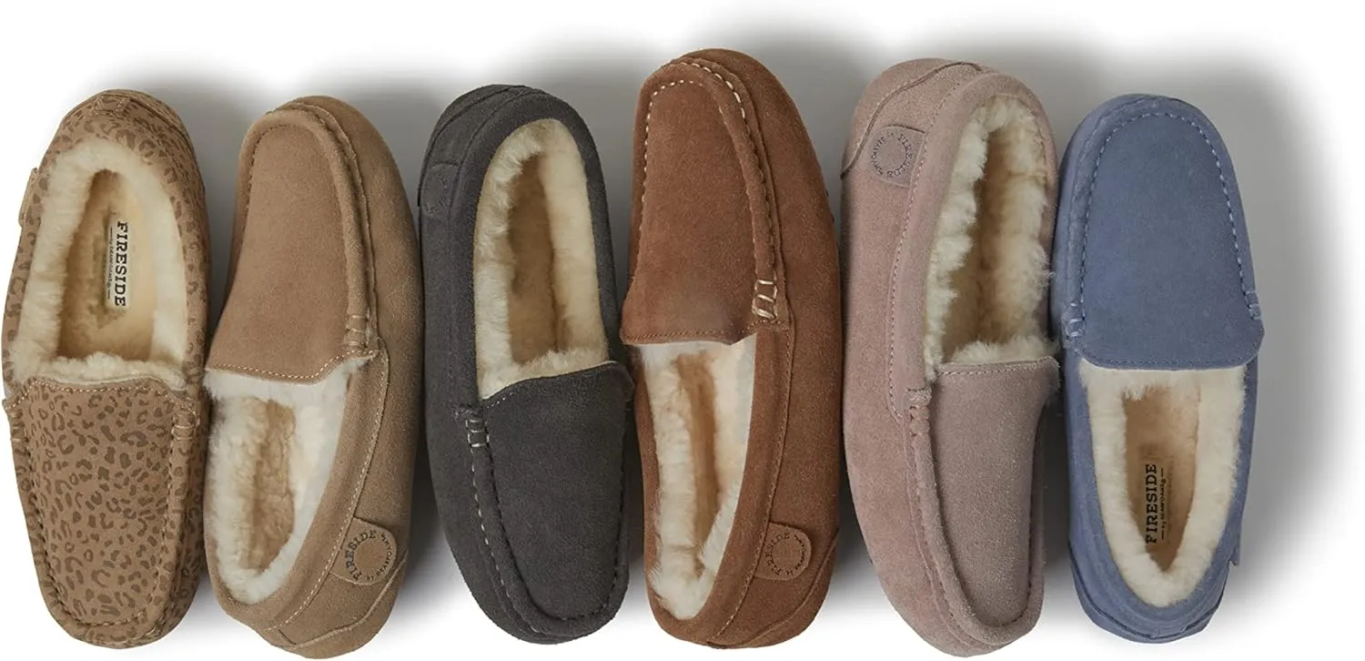 Dearfoams Women's Moccasin Slipper - Fireside Mel Indoor House Shoe with Genuine Shearling and Cozy Memeory Foam