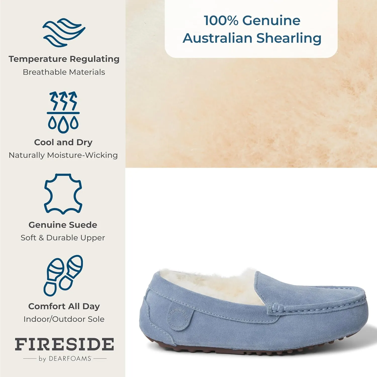 Dearfoams Women's Moccasin Slipper - Fireside Mel Indoor House Shoe with Genuine Shearling and Cozy Memeory Foam