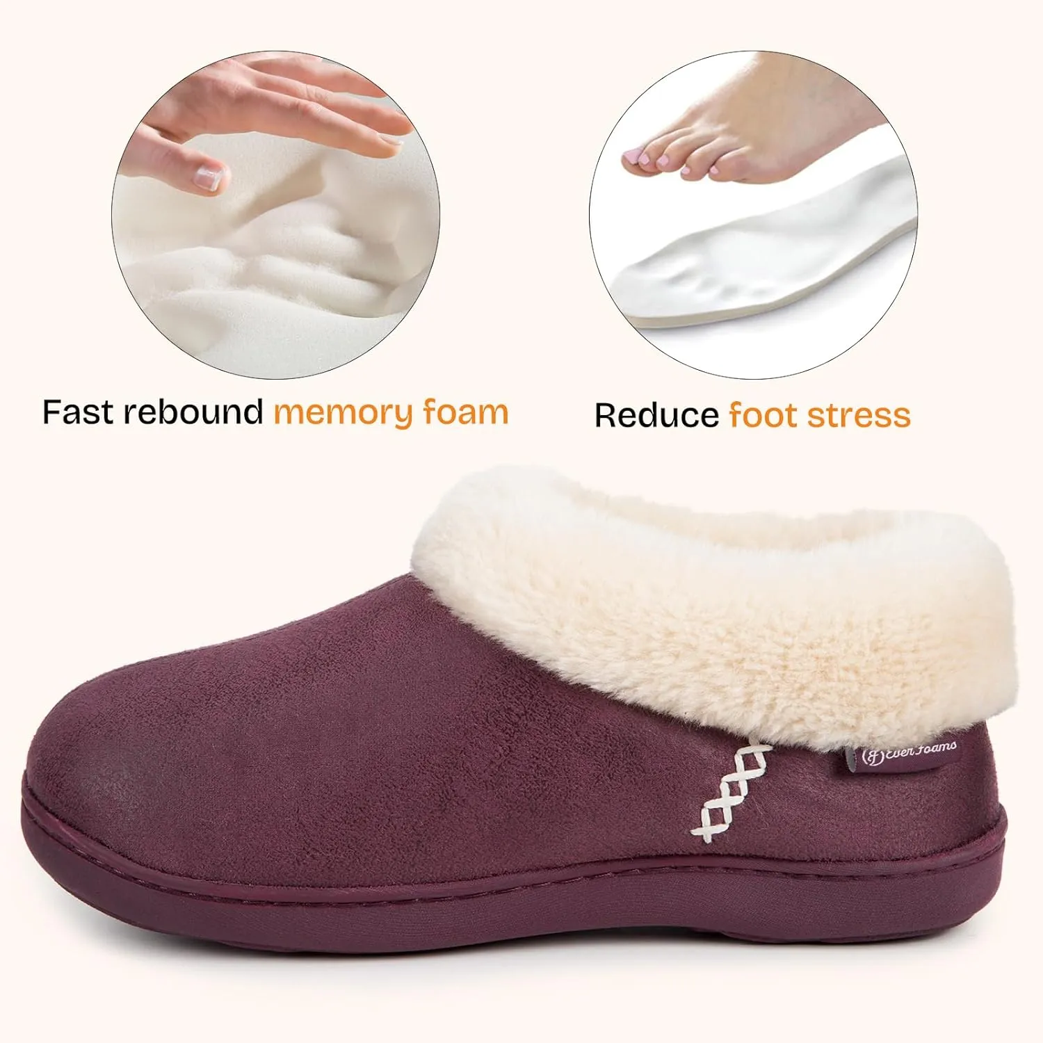 EverFoams Women's Micro Suede Cozy Memory Foam Winter Slippers with Fuzzy Faux Fur Collar and Indoor Outdoor Rubber Sole