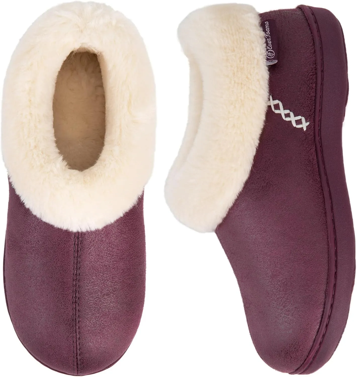 EverFoams Women's Micro Suede Cozy Memory Foam Winter Slippers with Fuzzy Faux Fur Collar and Indoor Outdoor Rubber Sole