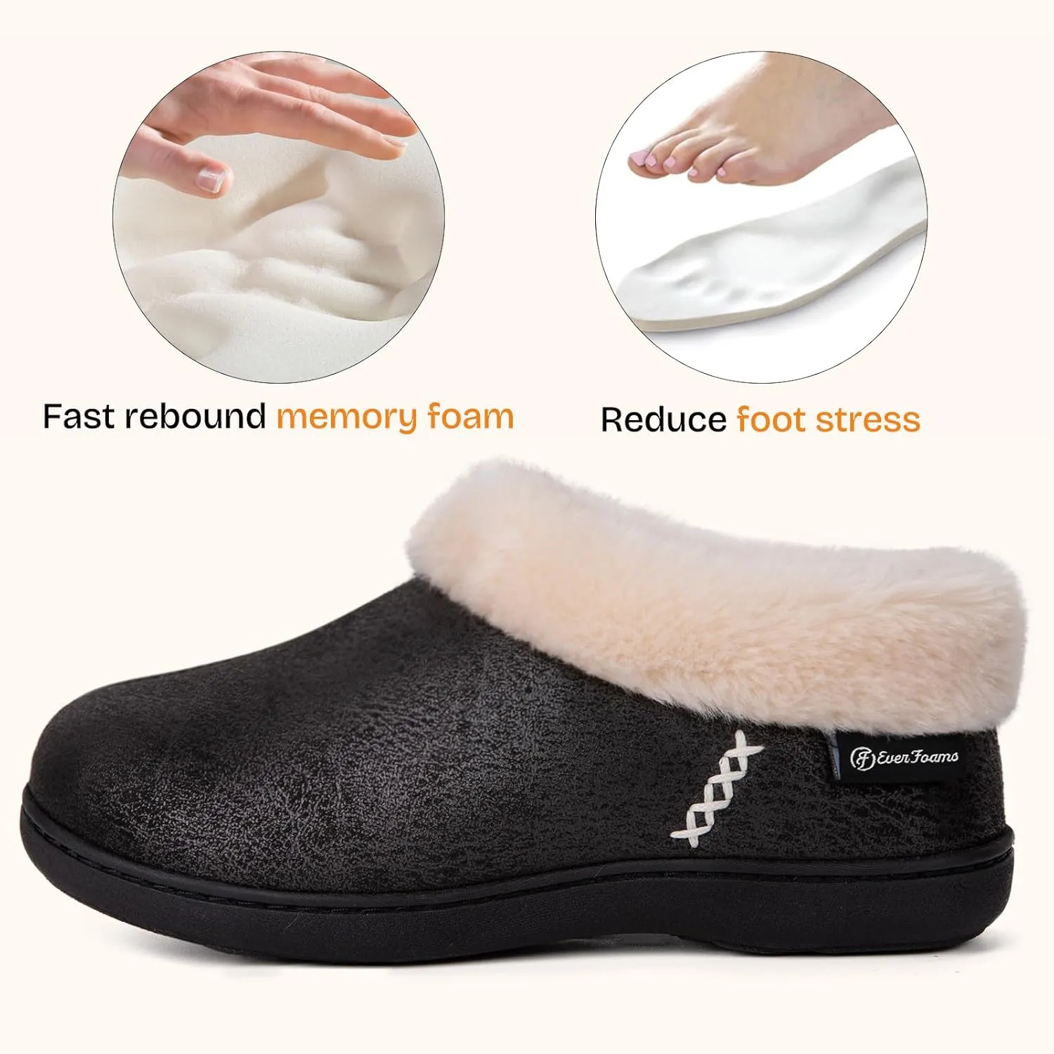 EverFoams Women's Micro Suede Cozy Memory Foam Winter Slippers with Fuzzy Faux Fur Collar and Indoor Outdoor Rubber Sole