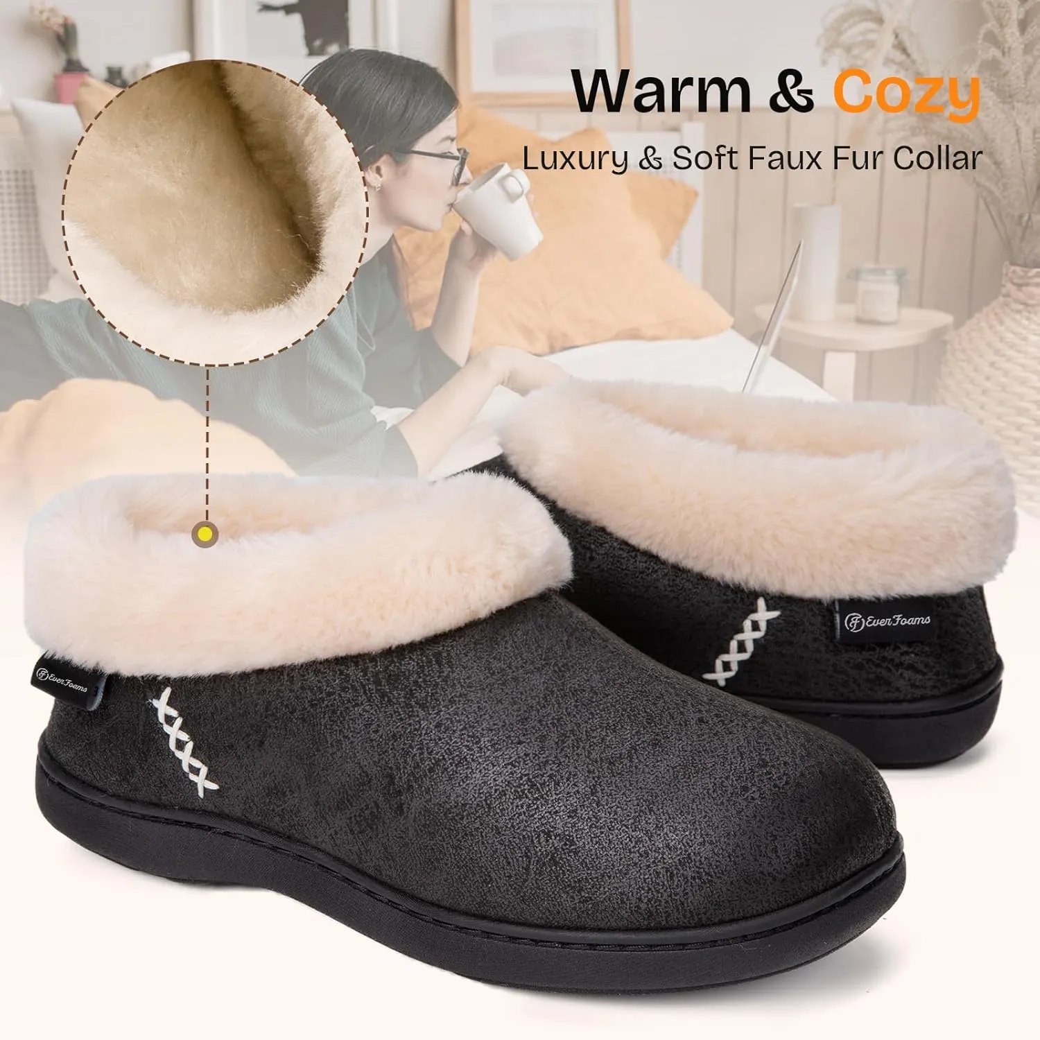 EverFoams Women's Micro Suede Cozy Memory Foam Winter Slippers with Fuzzy Faux Fur Collar and Indoor Outdoor Rubber Sole