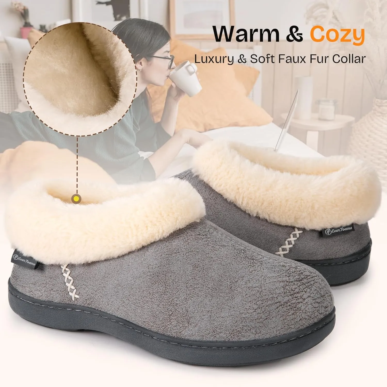 EverFoams Women's Micro Suede Cozy Memory Foam Winter Slippers with Fuzzy Faux Fur Collar and Indoor Outdoor Rubber Sole