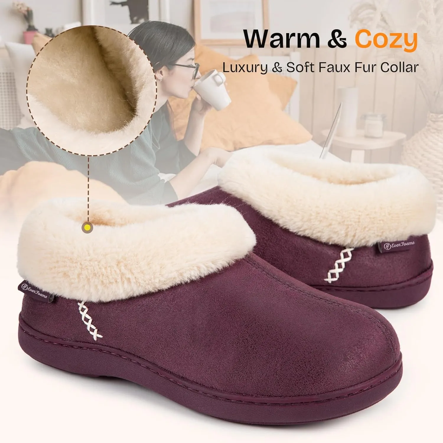 EverFoams Women's Micro Suede Cozy Memory Foam Winter Slippers with Fuzzy Faux Fur Collar and Indoor Outdoor Rubber Sole