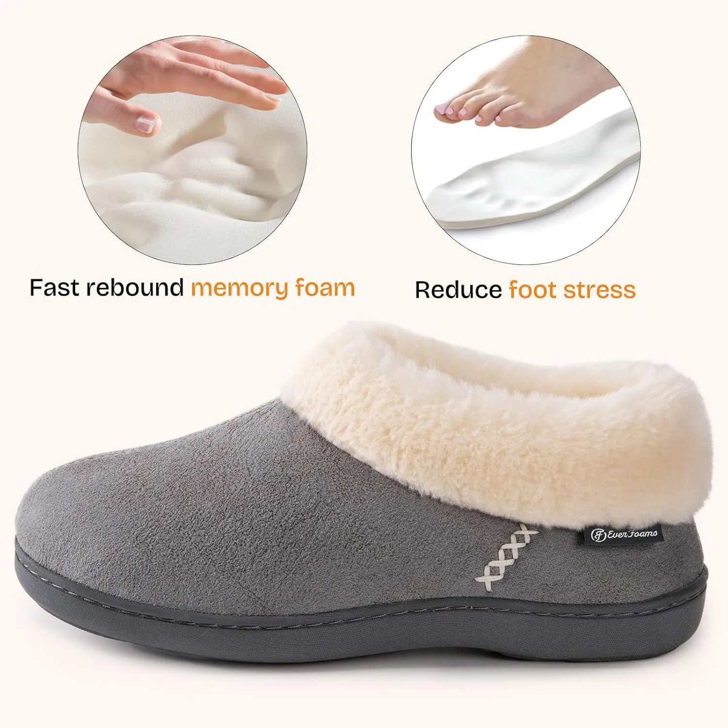 EverFoams Women's Micro Suede Cozy Memory Foam Winter Slippers with Fuzzy Faux Fur Collar and Indoor Outdoor Rubber Sole