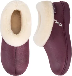 EverFoams Women's Micro Suede Cozy Memory Foam Winter Slippers with Fuzzy Faux Fur Collar and Indoor Outdoor Rubber Sole