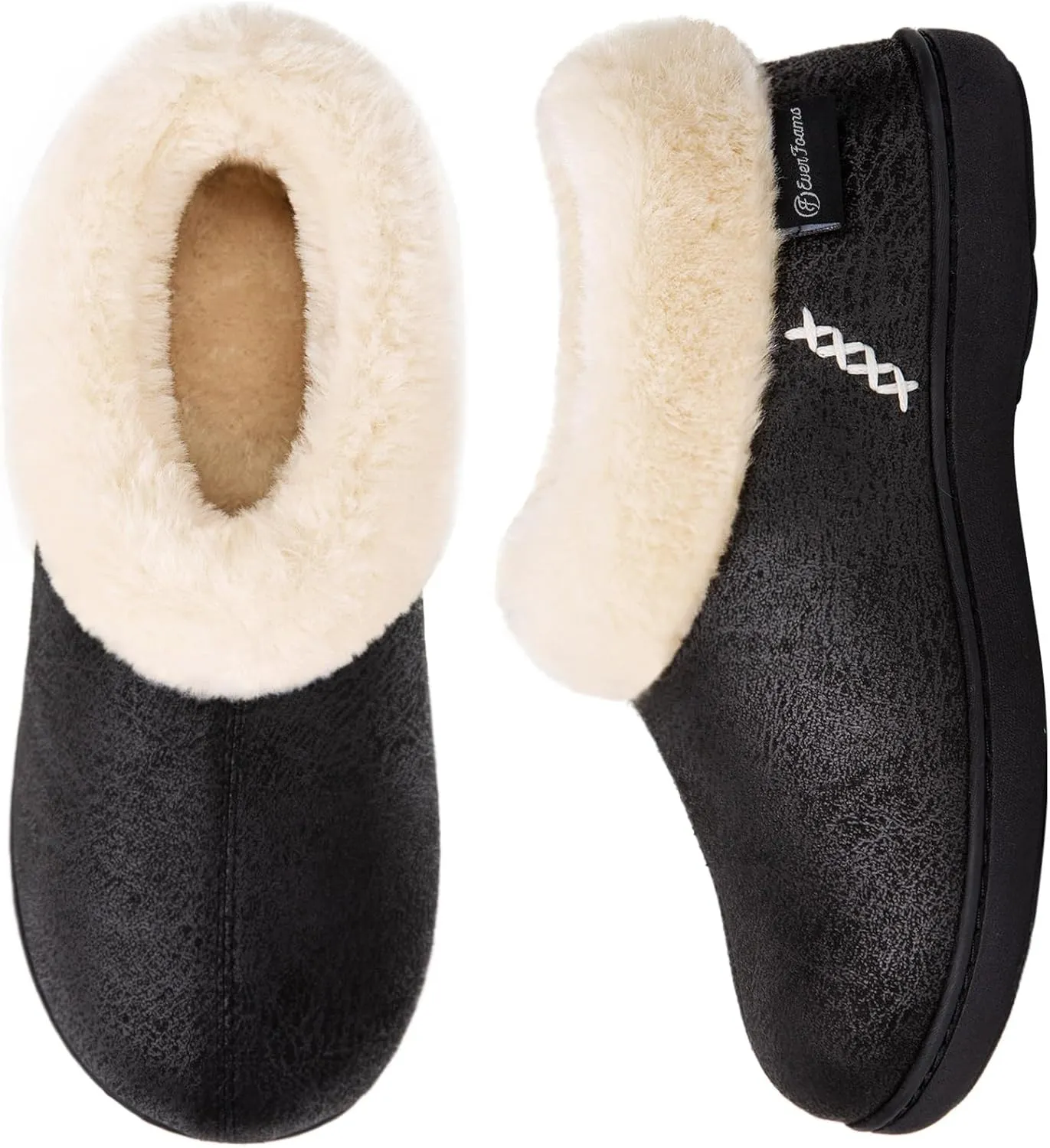 EverFoams Women's Micro Suede Cozy Memory Foam Winter Slippers with Fuzzy Faux Fur Collar and Indoor Outdoor Rubber Sole