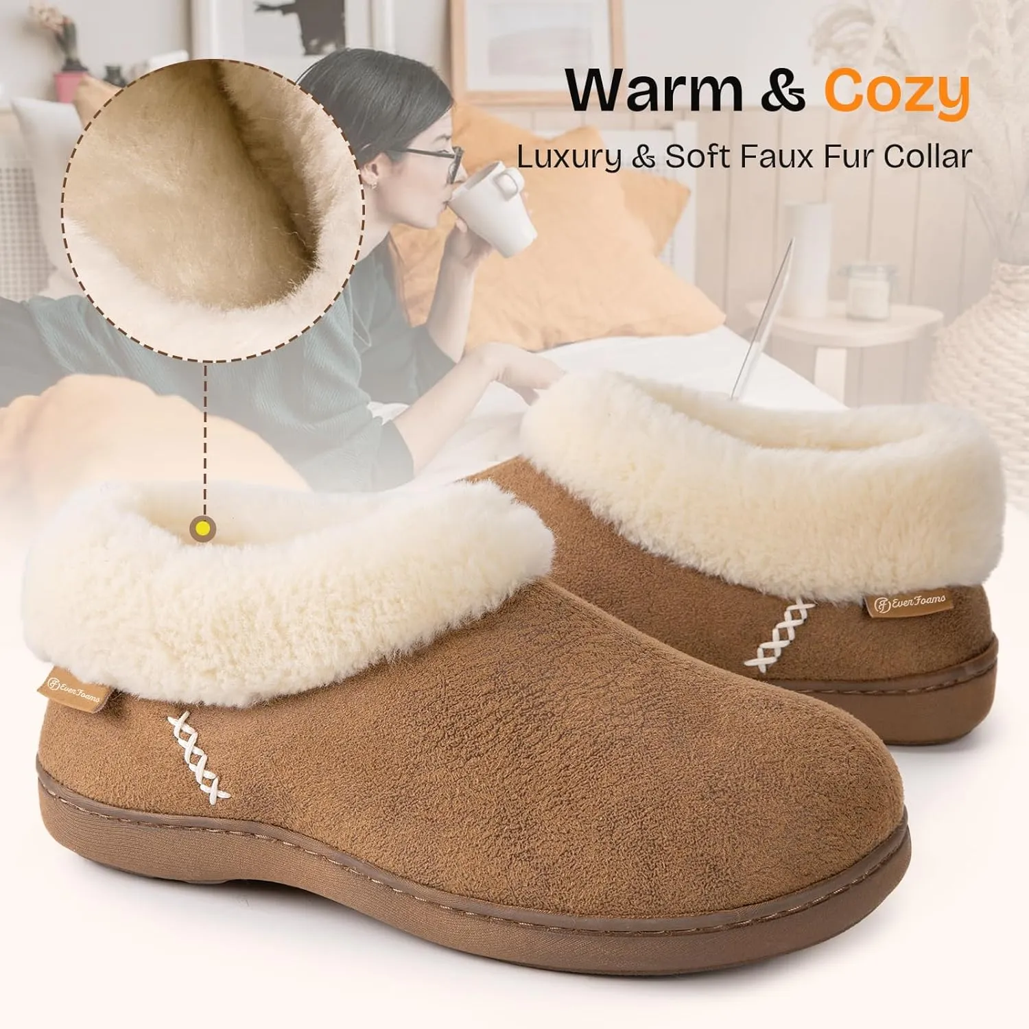EverFoams Women's Micro Suede Cozy Memory Foam Winter Slippers with Fuzzy Faux Fur Collar and Indoor Outdoor Rubber Sole