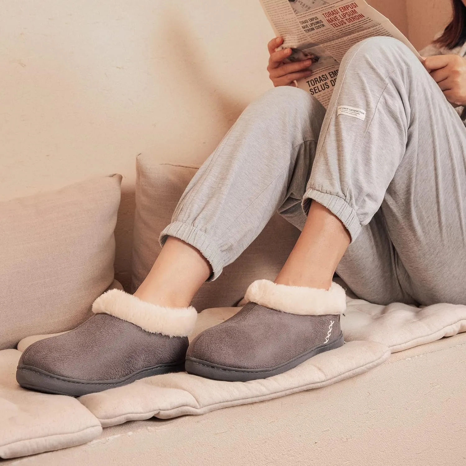 EverFoams Women's Micro Suede Cozy Memory Foam Winter Slippers with Fuzzy Faux Fur Collar and Indoor Outdoor Rubber Sole