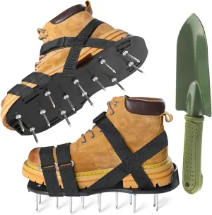 Lawn Aerator Shoes, Spike Shoes for Self Levelling Floor with Stainless Steel Shovel, Upgrade Adjustable X-cross Hook Loop Straps, Spike Shoes Lawn Soil Aerator Tool for Yard Patio Lawn Garden