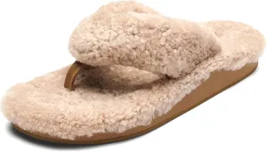 OLUKAI Kipe'a Heu Women's Sandal Slippers, Soft & Comfortable Shearling-Wrapped Straps, Durable RUbber Outsoles for All-Day Wear, Causal & Cute Everyday Style, Tan/Tan, 5