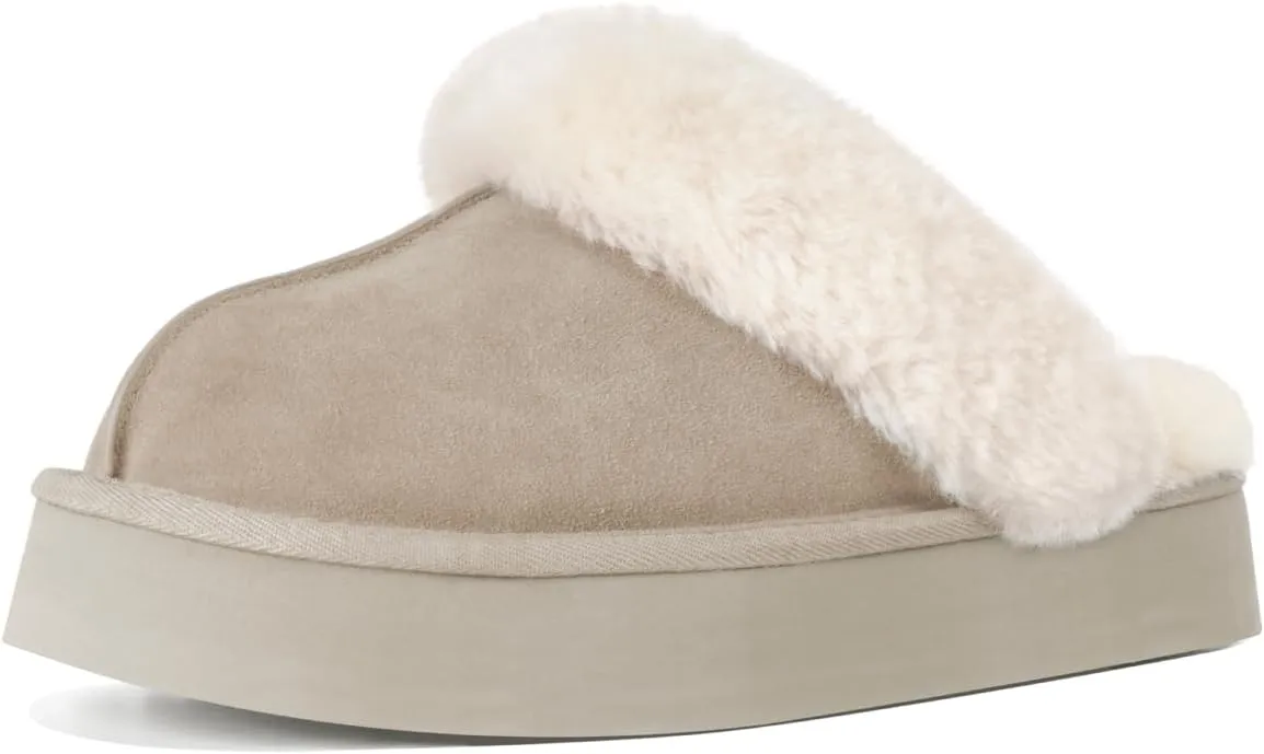 OOW Fuzzy Platform Slippers for Women - Women's Casual Winter House Slippers - Brown, Faux Fur & Shearling Blend - Women's Size