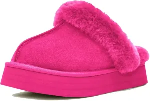 OOW Fuzzy Platform Slippers for Women - Women's Casual Winter House Slippers - Brown, Faux Fur & Shearling Blend - Women's Size