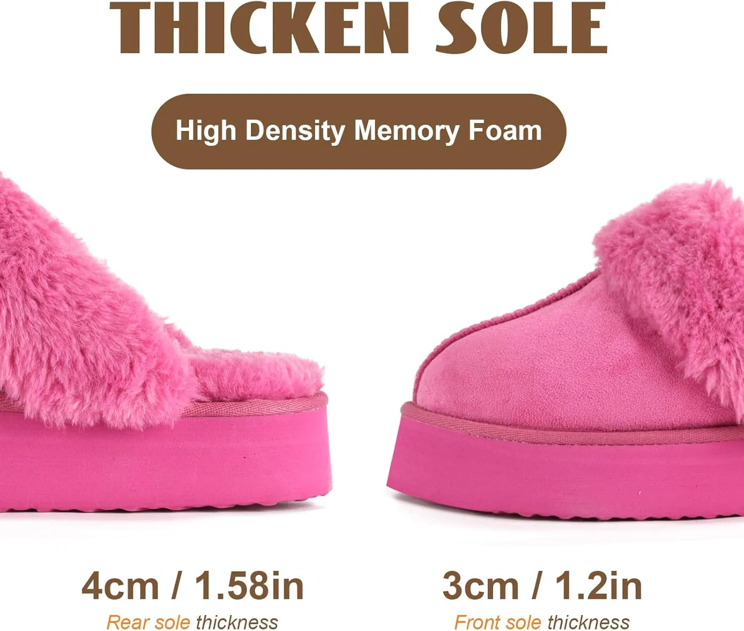 OOW Fuzzy Platform Slippers for Women - Women's Casual Winter House Slippers - Brown, Faux Fur & Shearling Blend - Women's Size