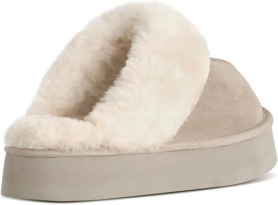 OOW Fuzzy Platform Slippers for Women - Women's Casual Winter House Slippers - Brown, Faux Fur & Shearling Blend - Women's Size