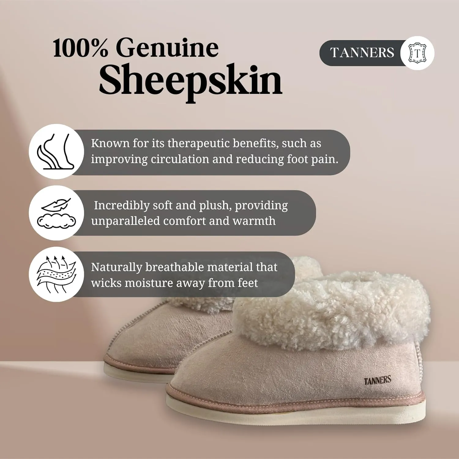 Tanners Men Bootie Slipper with turndown cuff. 100% Shearling Sheepskin. Indoor comfort and softness. Weatherproof non-slip soft sole. Handmade with care, cradling your feet for the utmost coziness.