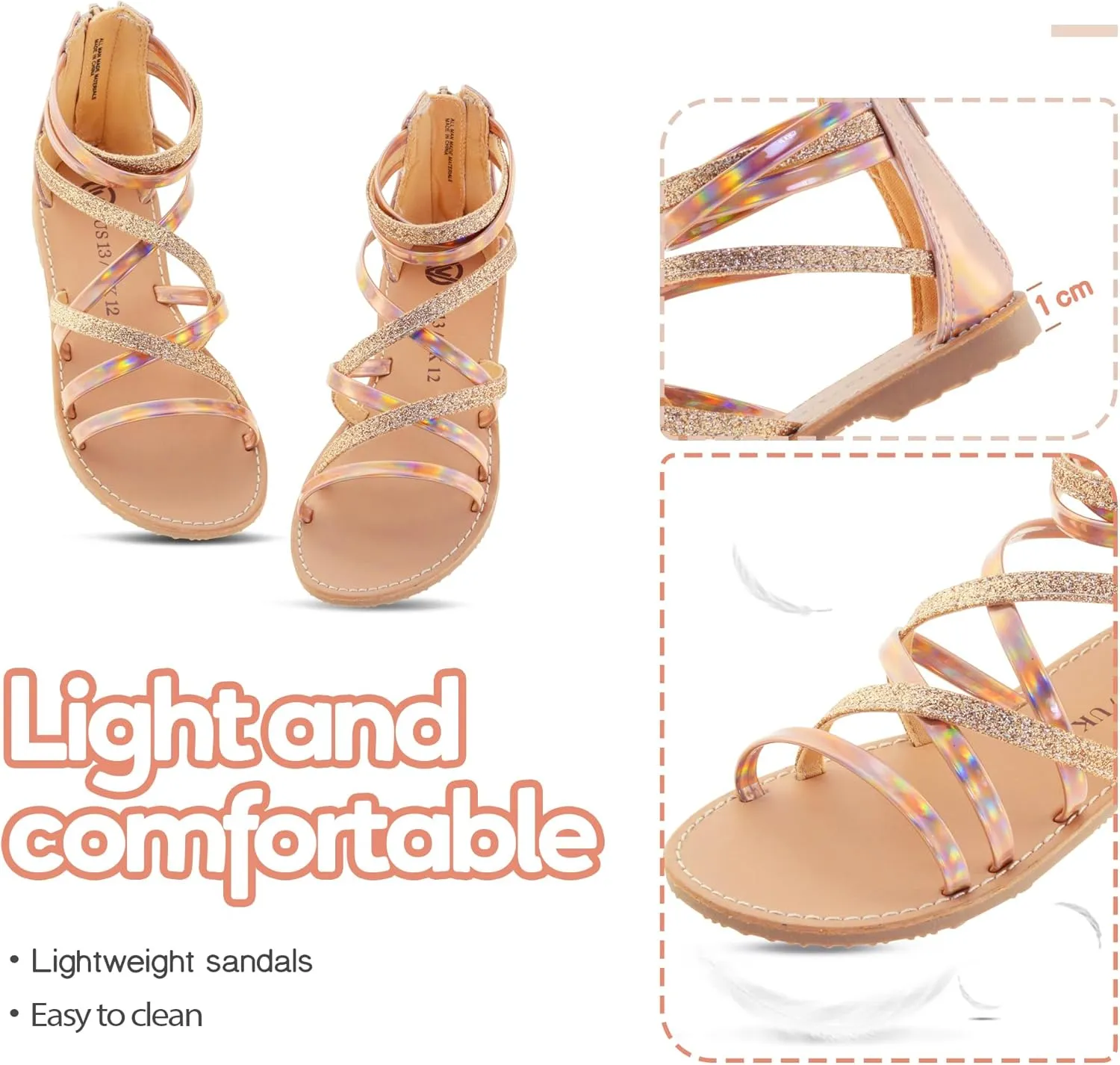 Vonair Girls Sandals Strappy Gladiator with Zipper Comfort Summer Shoes