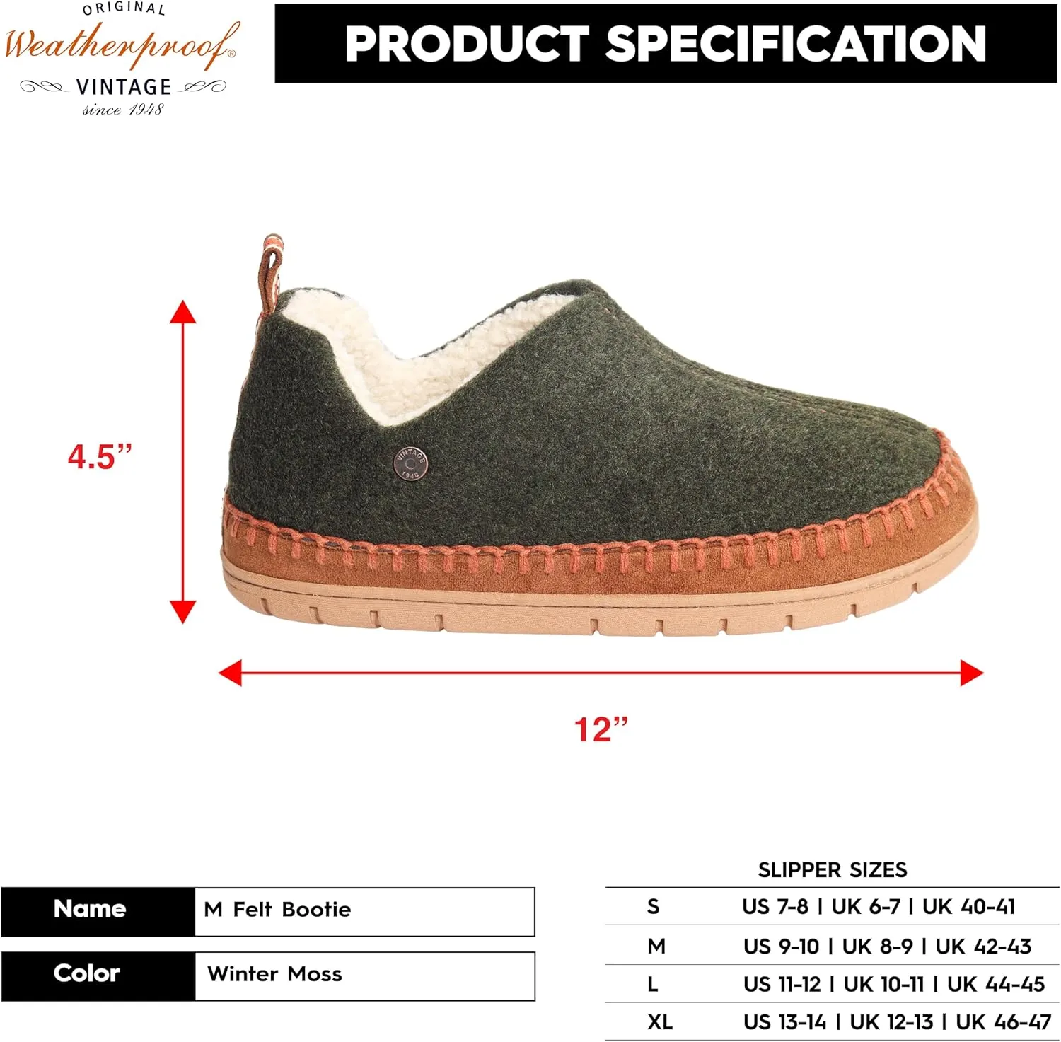 Weatherproof Vintage Men’s Felt Bootie Slipper with Faux Shearling Lining and Indoor Outdoor Sole