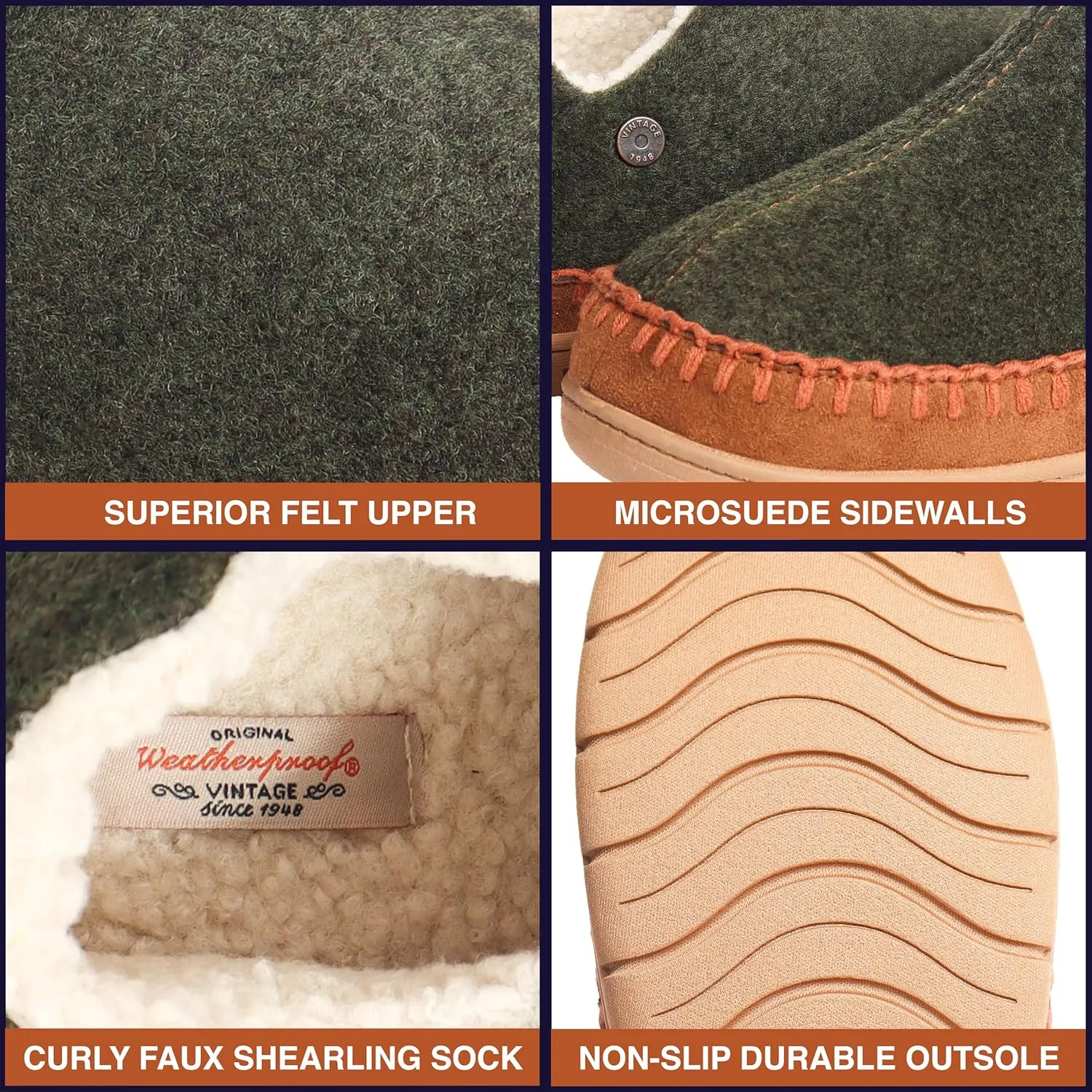 Weatherproof Vintage Men’s Felt Bootie Slipper with Faux Shearling Lining and Indoor Outdoor Sole
