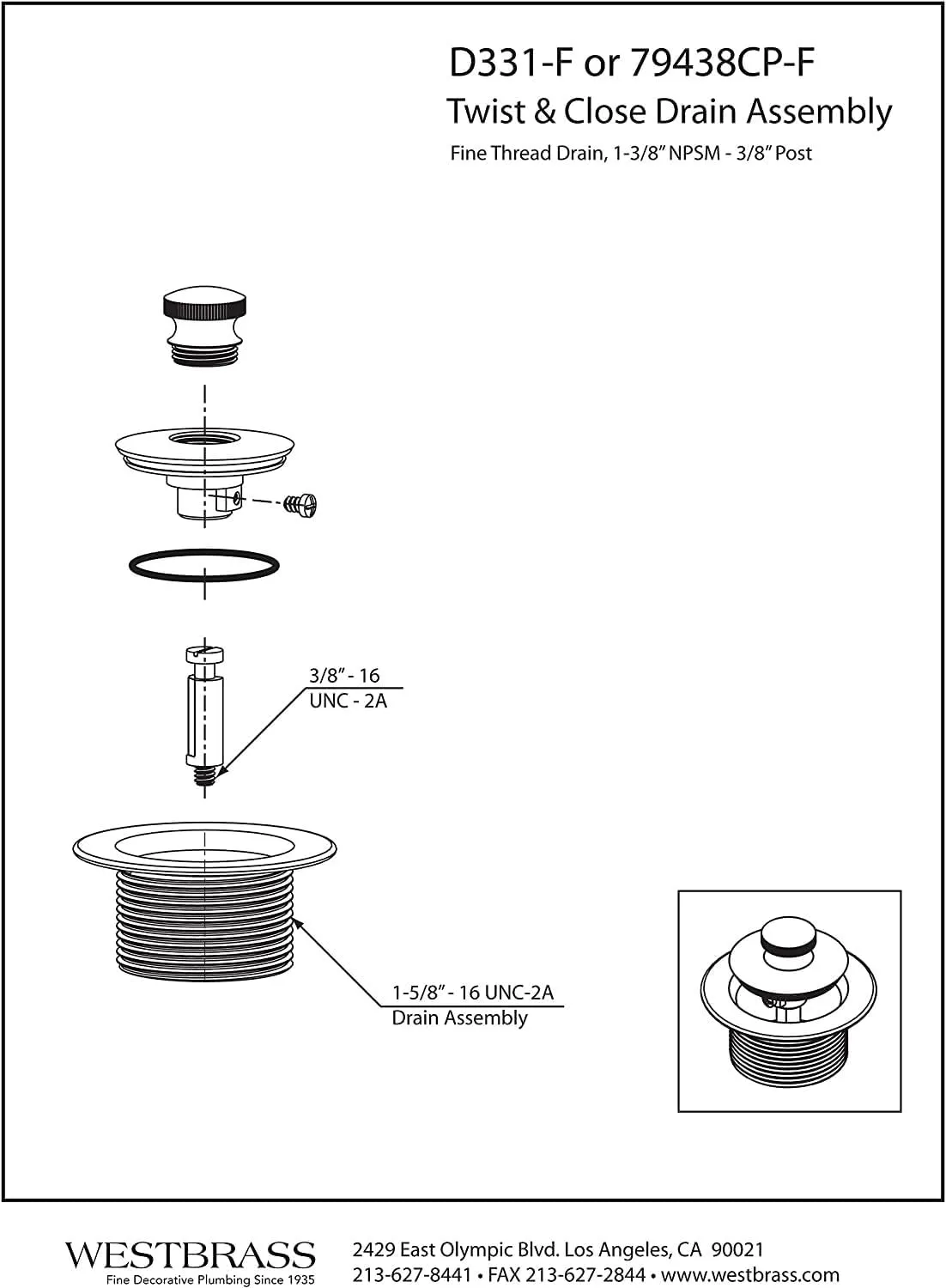 Westbrass D331-F-07 1-3/8-Inch NPSM Fine Thread Twist-and-Close Bath Drain Plug, Satin Nickel