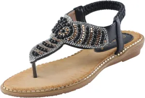 Women Flat Sandals Bohemia Pearl Sequins Summer Dress Shoes Open Toe Comfort Slingback Elastic Ankle Strap Sandals