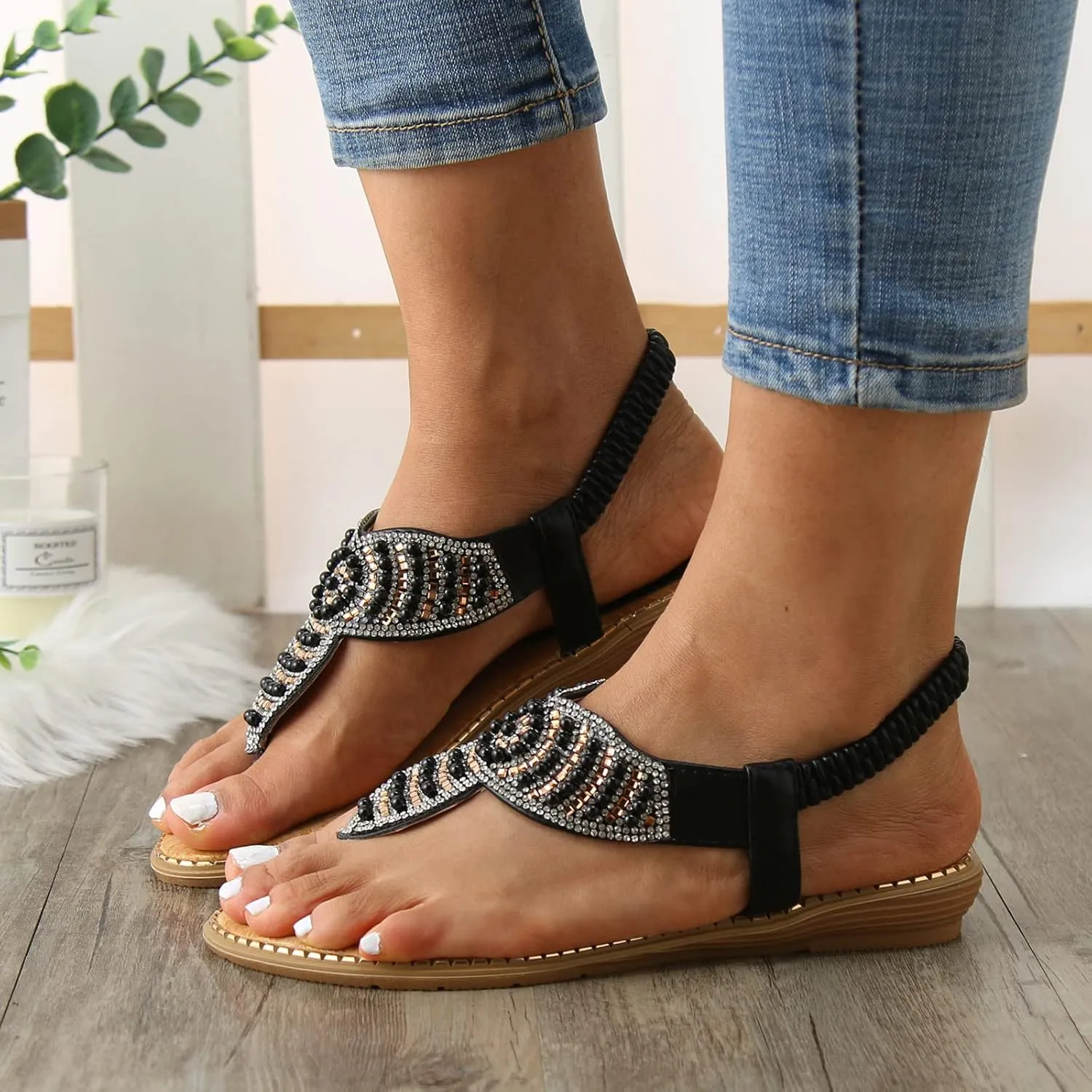 Women Flat Sandals Bohemia Pearl Sequins Summer Dress Shoes Open Toe Comfort Slingback Elastic Ankle Strap Sandals