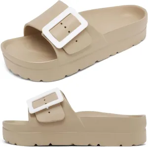 Womens Platform Sandals with Arch Support, Adjustable Buckle Beach Sandal Woman Comfort Lightweight Ultra Cushion EVA Slides