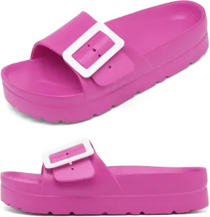Womens Platform Sandals with Arch Support, Adjustable Buckle Beach Sandal Woman Comfort Lightweight Ultra Cushion EVA Slides