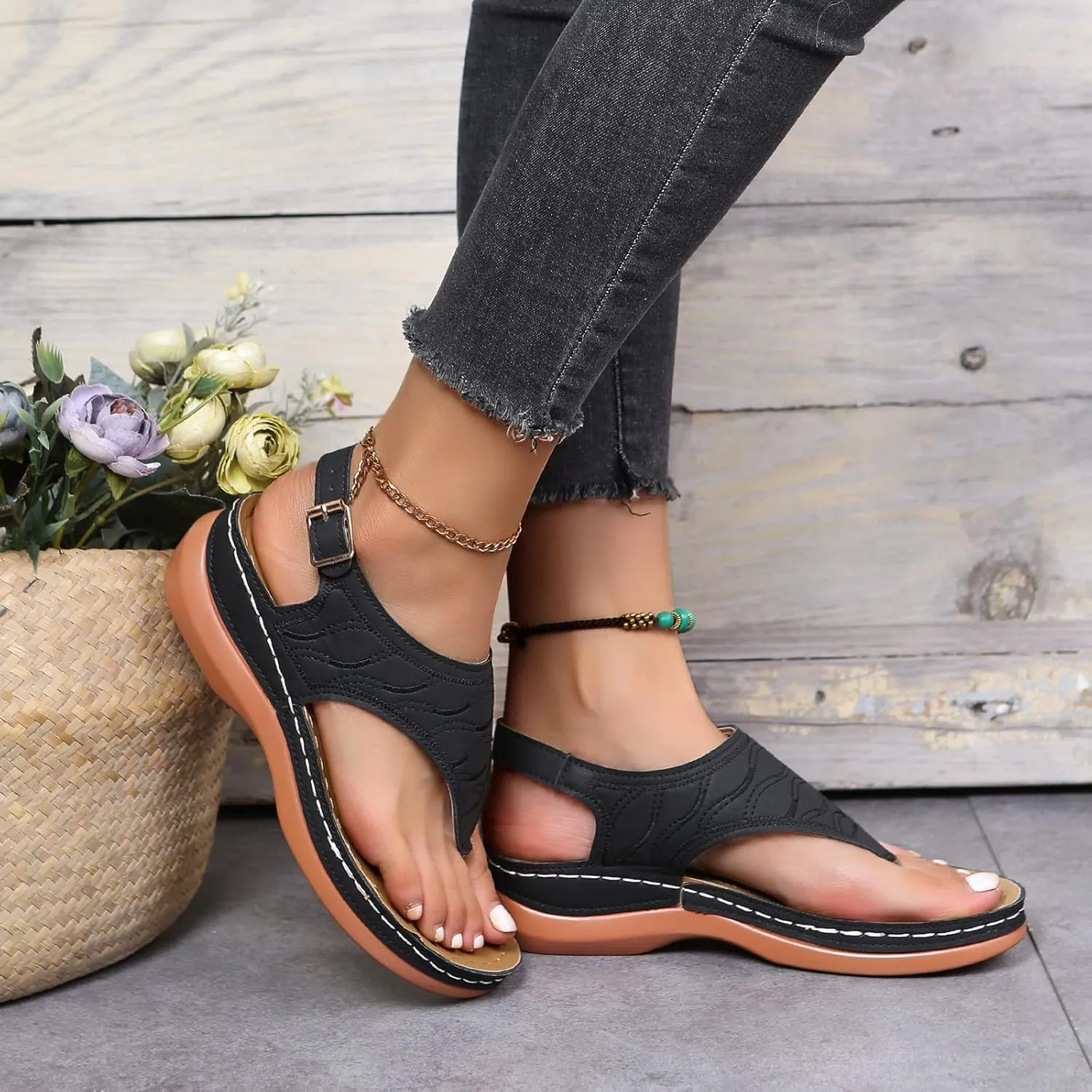 Women's Wellmesi Orthopedic Clip Toe Sandals with Arch Support,Dimleen Diabetic Wedge Buckle Anti-Slip Walking Flipflops