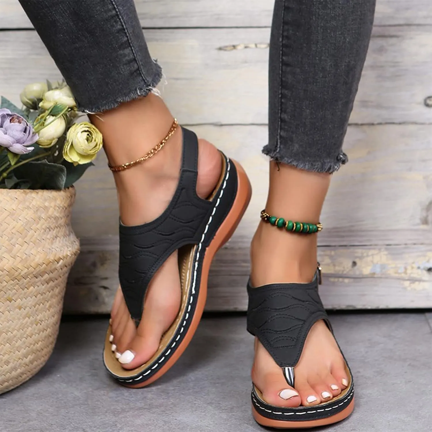 Women's Wellmesi Orthopedic Clip Toe Sandals with Arch Support,Dimleen Diabetic Wedge Buckle Anti-Slip Walking Flipflops