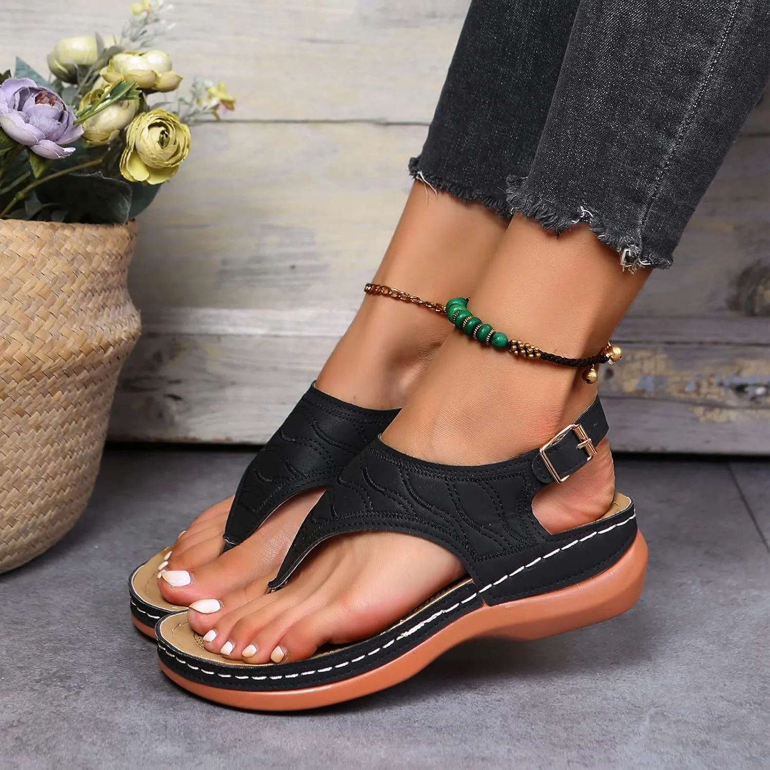 Women's Wellmesi Orthopedic Clip Toe Sandals with Arch Support,Dimleen Diabetic Wedge Buckle Anti-Slip Walking Flipflops