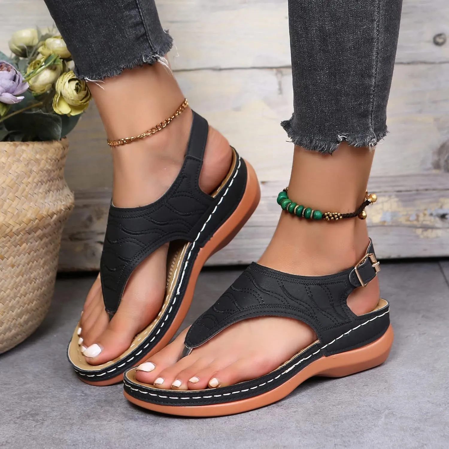 Women's Wellmesi Orthopedic Clip Toe Sandals with Arch Support,Dimleen Diabetic Wedge Buckle Anti-Slip Walking Flipflops